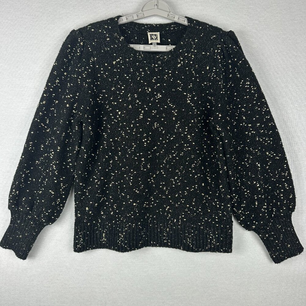 ANNE KLEIN WOMEN'S BLACK w/METALIC SPECKLES LONG PUFF SLEEVES PULLOVER SWEATER M
